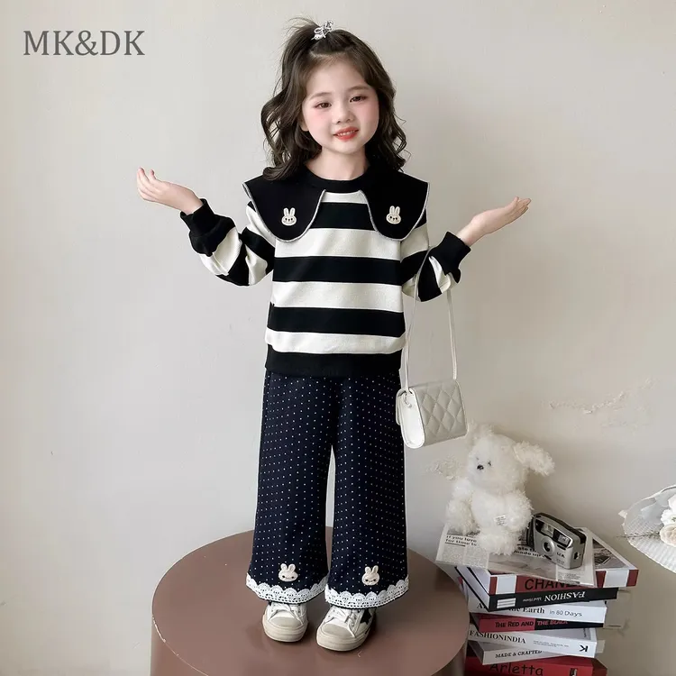 MK&DK女童秋季套装2025新款儿童洋气娃娃衫卫衣宝宝波点直筒裤子