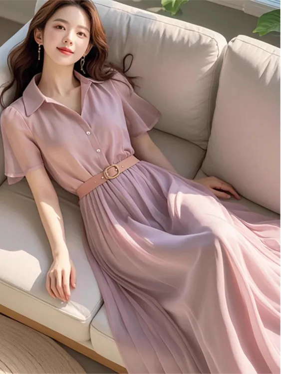 2025新款夏季今年流行的简单大方高级感紫色雪纺连衣裙子女装长裙
