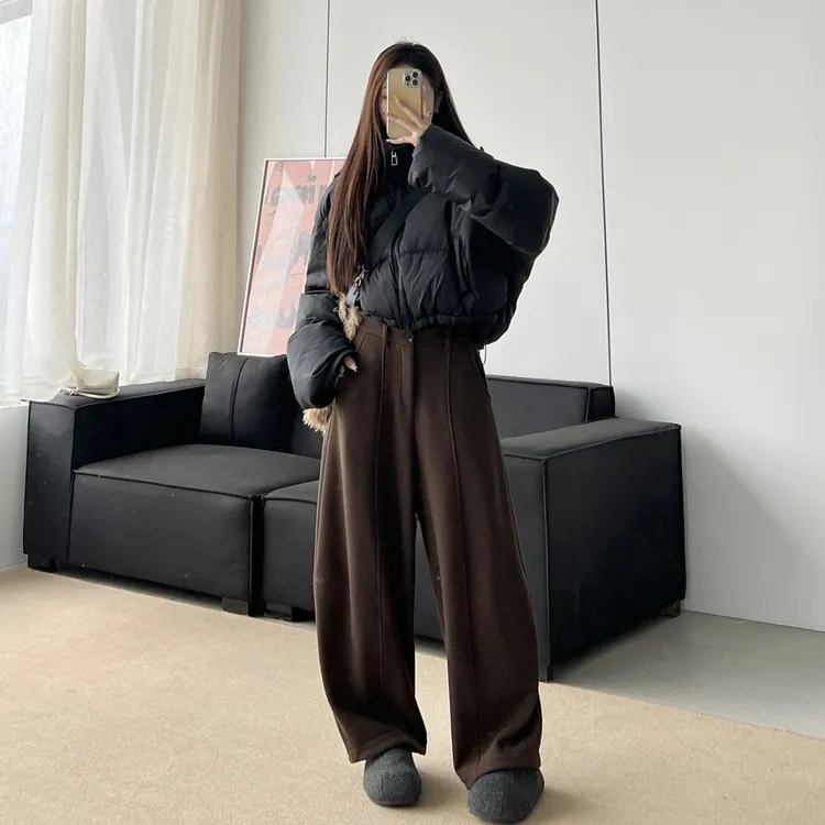美式复古棕咖高腰阔腿裤2025女秋冬宽松显瘦加绒加厚直筒休闲裤