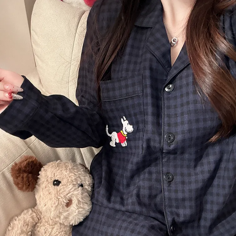 藏蓝格子狗狗睡衣春秋季卡通云朵棉长袖家居服少女风可爱日系套装