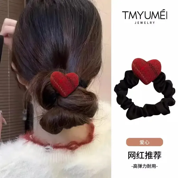 2025新款安可拉红格纹爱心小肠发圈扎头发女丸子头马尾皮筋发绳
