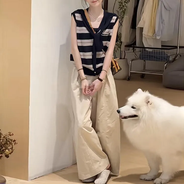 夏季时尚一整套女装2025新款披肩条纹无袖针织衫休闲阔腿裤三件套