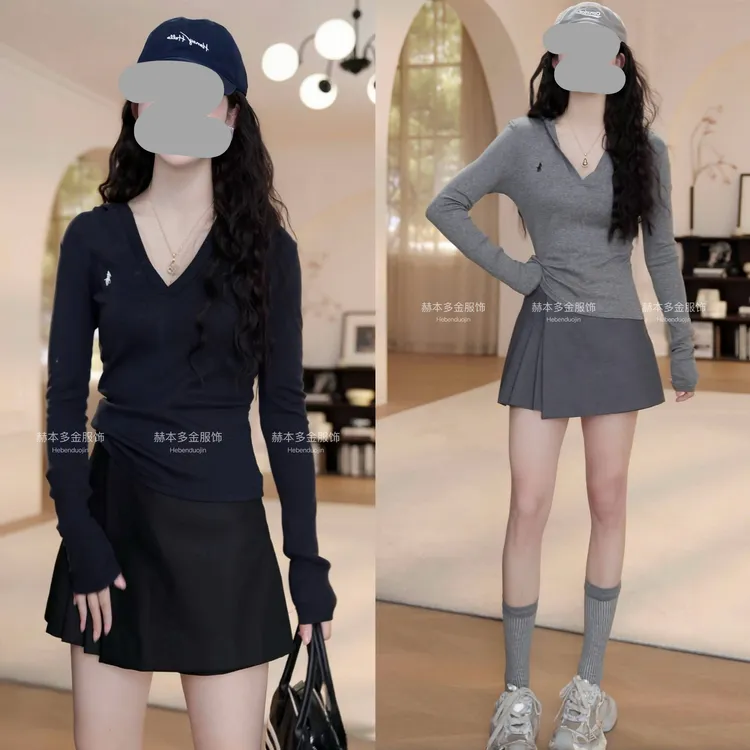 2025春季小个子紧身显瘦连帽长袖打底衫上衣百搭短裙裤运动套装女