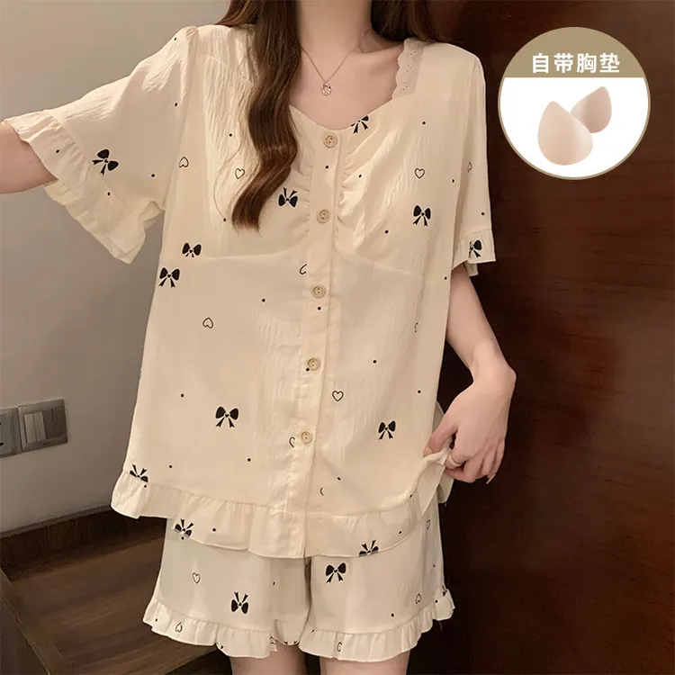 带胸垫短袖睡衣女款夏季2025年新款卡通可爱云朵棉家居服套装夏天