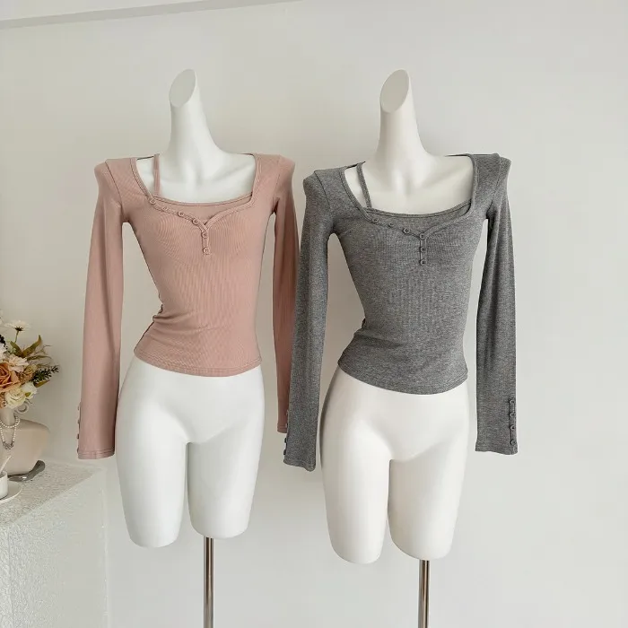 韩漫身材小众设计感假两件修身长袖打底衫女收腰显瘦内搭针织上衣