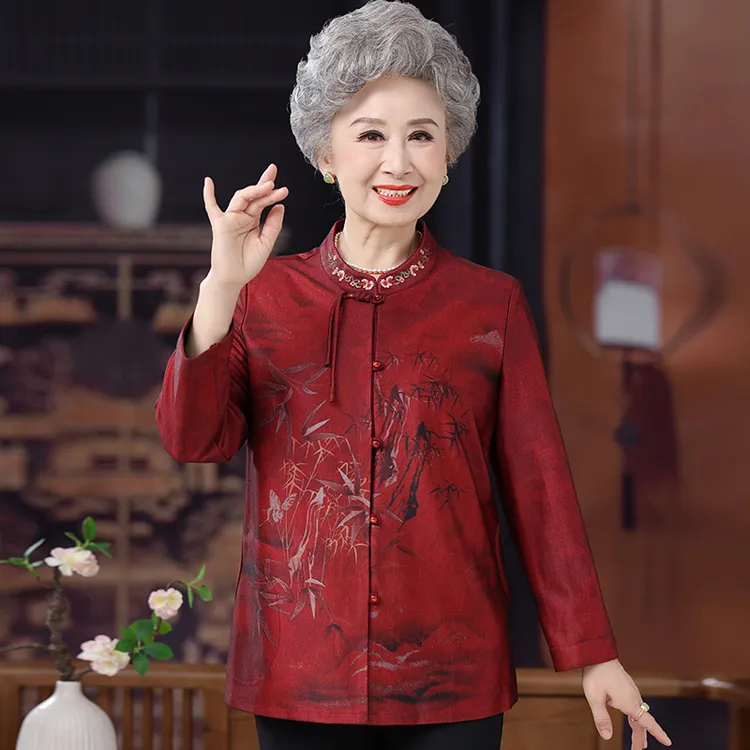 妈妈春秋装长袖新中式国风唐装衬衫中老年人女洋气上衣服奶奶外套