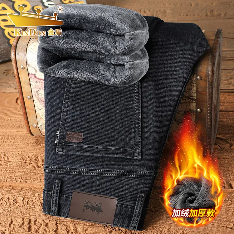 金盾2025冬季新款加绒加厚款牛仔裤商务直筒弹力商务男士牛仔裤子