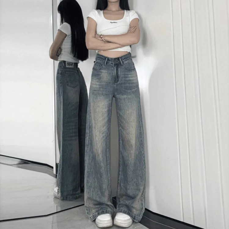 雪千羽美式高街直筒复古蓝牛仔裤女2025秋季高腰宽松bf慵懒阔腿裤