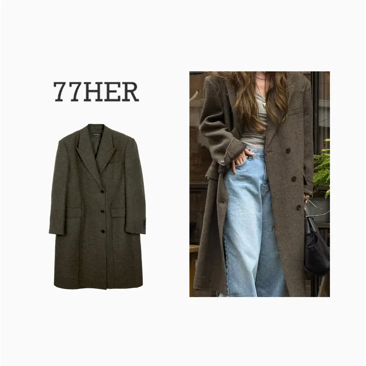 77her 重工质感廓形百搭羊毛百翻领V领中长款外套毛呢大衣