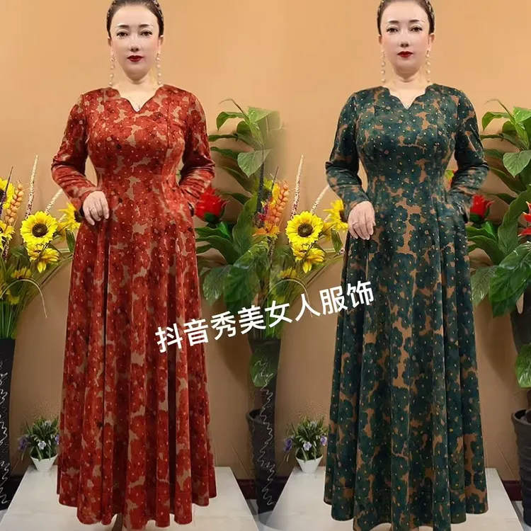 2529新款花瓣领金水貂绒收腰显瘦遮肚妈妈优雅过膝长裙弹力有兜