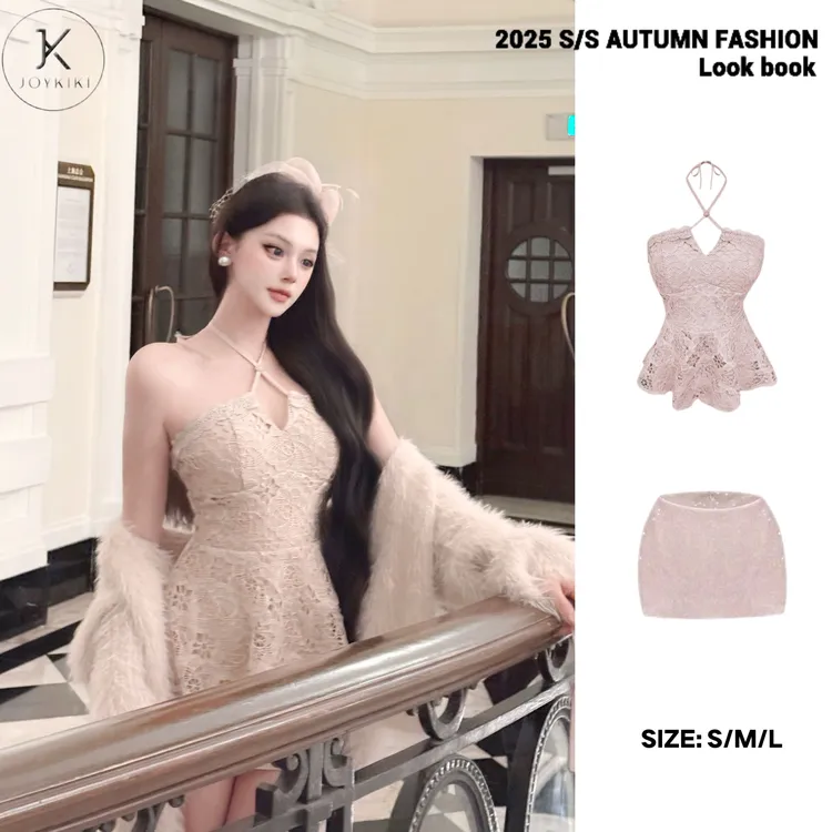 JOYKIKI金金【绮梦蕾丝】秋季气质纯欲蕾丝设计挂脖上衣套装J25C448
