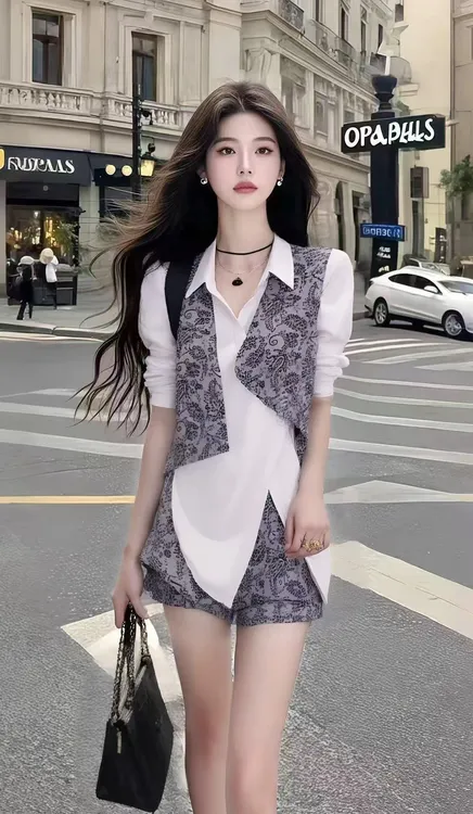 别致设计感时尚衬衫领不规则短袖上衣+显瘦百搭短裤女时尚两件套