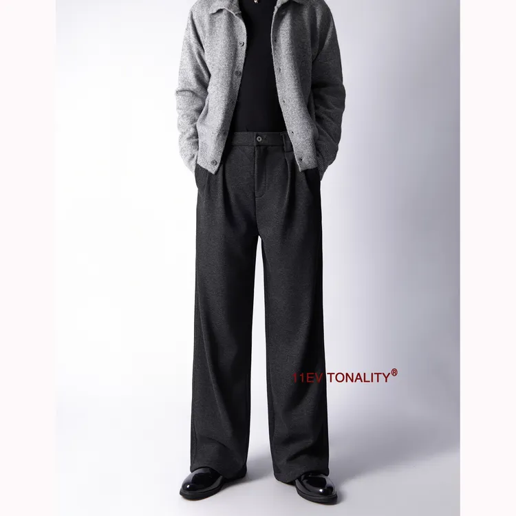 11EV“高定人字纹醋酸羊毛混纺”老钱风西装裤黑灰色毛呢加厚阔腿裤