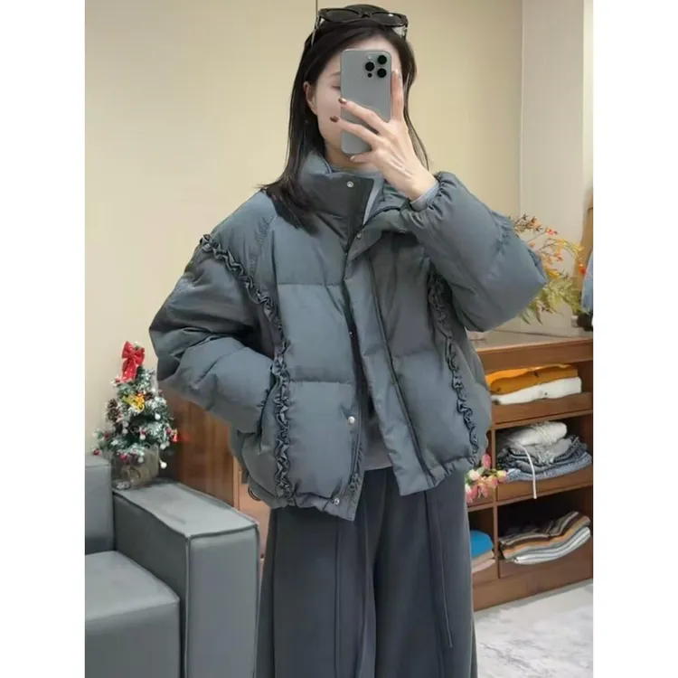 韩系立领木耳边短款棉服女2025冬季新款宽松加厚保暖面包服外套