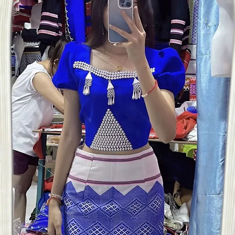 缅甸佤族服饰成品套装  (裙子拉链款)