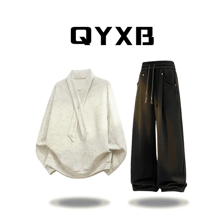 【品牌正品现货】QYXB秋季新款黑色卫衣男宽松百搭领带扎染上衣外套