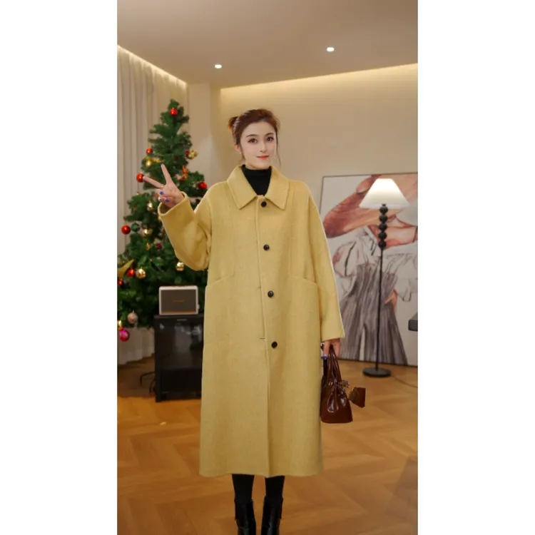 【潘多啦】日系宽松极简设计经典秋冬高级感甜美风长款A字型羊毛大衣 25904