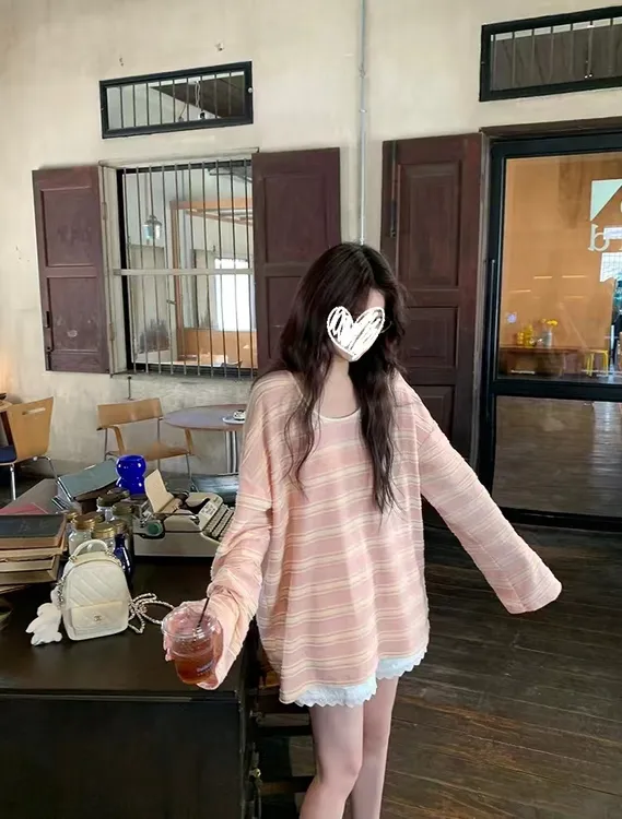 松弛宽松时尚百搭拼色条纹针织长袖T早春女5001