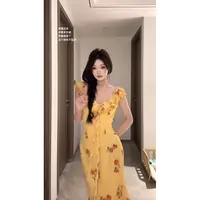 withmin白兔 落日黄昏 花边大V领吊带碎花飘带长裙连衣裙2522238