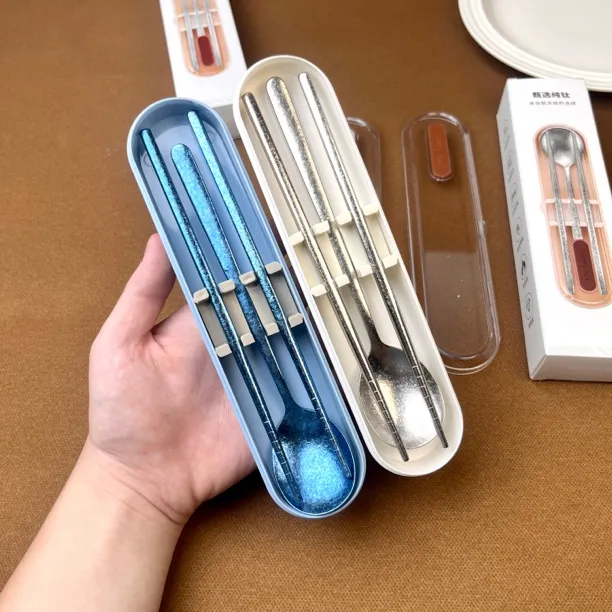 娴鱼家99%纯钛冰花结晶筷子勺子套装高颜值学生食堂便携餐具收纳
