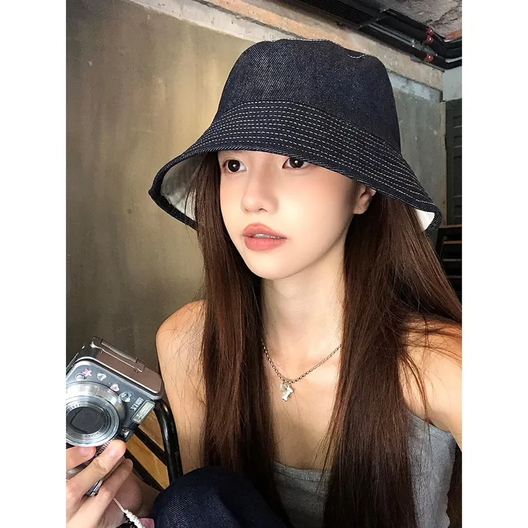 日系复古双面可戴牛仔渔夫帽女夏季显脸小百搭水桶帽遮阳防晒盆帽