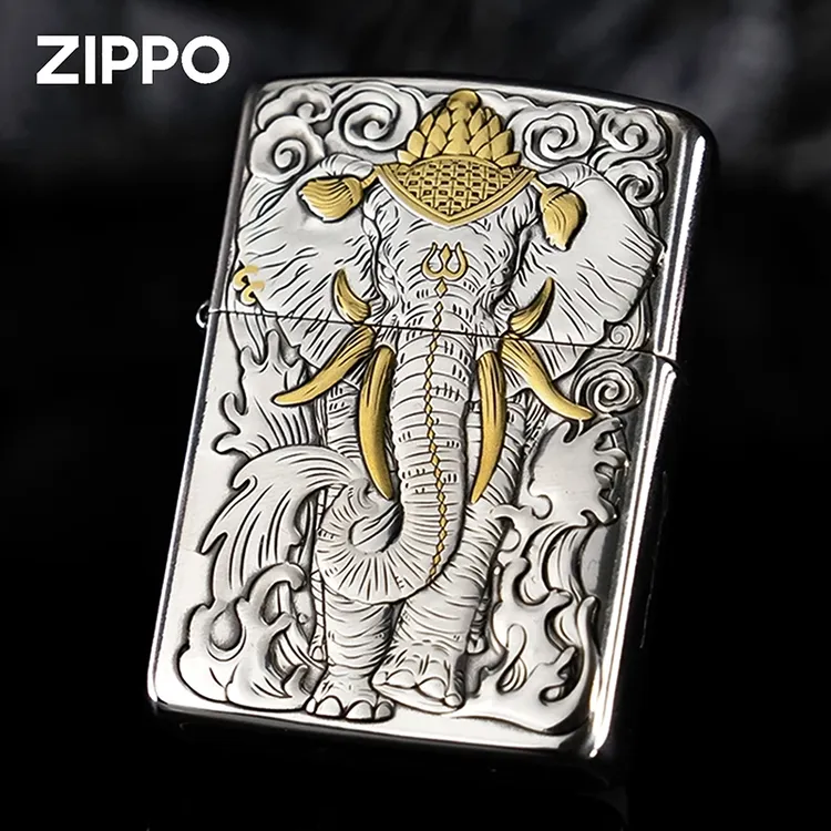 ZIPPO/之宝打火机镀银鎏金六牙大象王立体浮雕盔甲防风送男士礼物