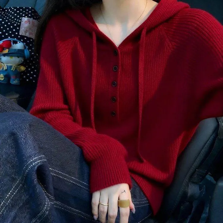 2025秋冬季新款女士红色复古连帽长袖针织衫宽松洋气显瘦上衣