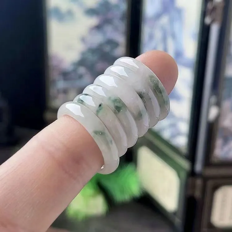 高端缅甸翡翠A货半山半水戒指飘花指环情侣简约飘花戒指细窄条