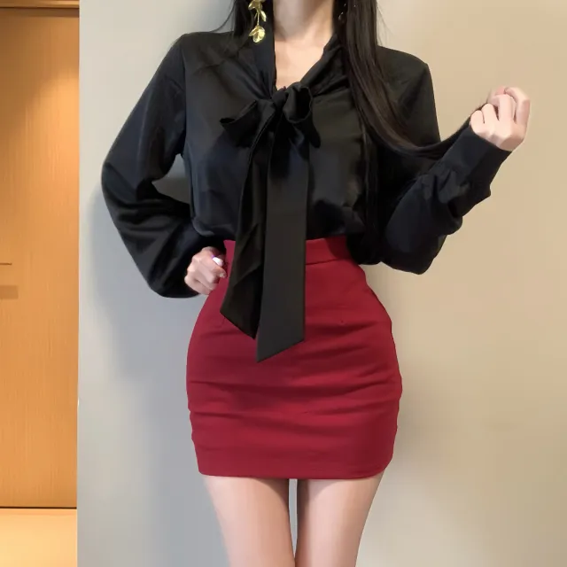 iqcq气球熊法式黑色缎面衬衫设计感蝴蝶结上衣高腰修身包臀裙套装