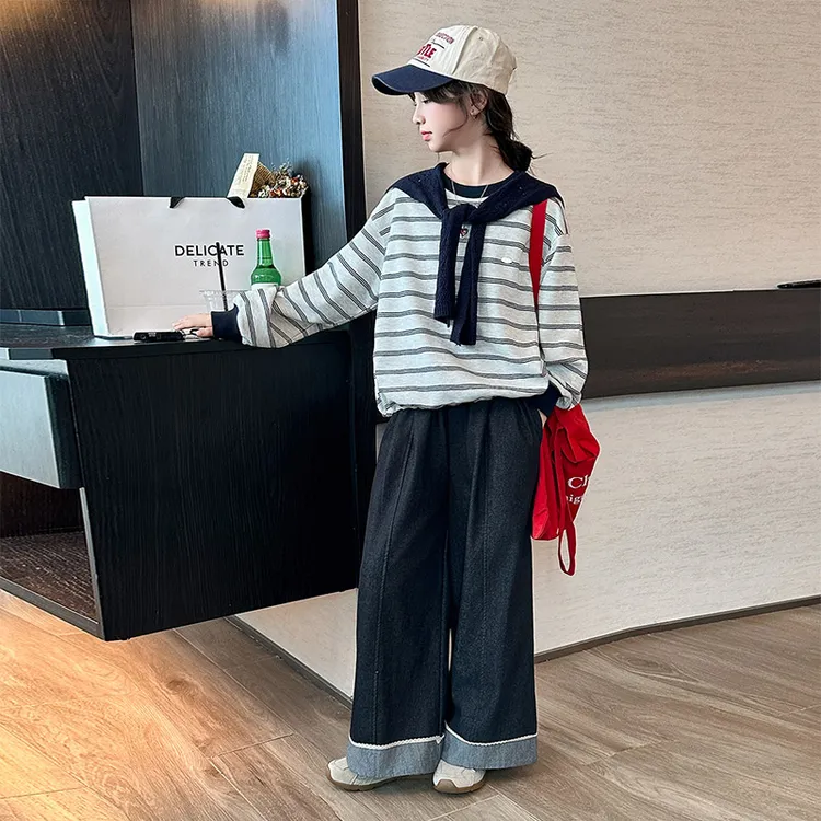 女童秋装套装2025新款中大童韩版休闲条纹卫衣儿童休闲牛仔两件套