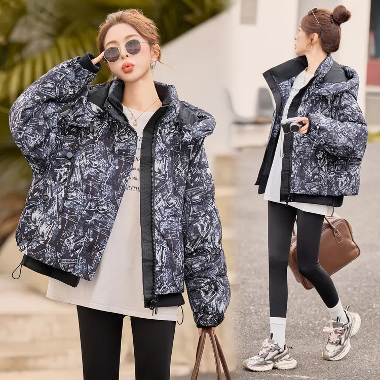 复古港风印花连帽羽绒服女2025年冬季新款洋气时髦白鸭绒短款外套