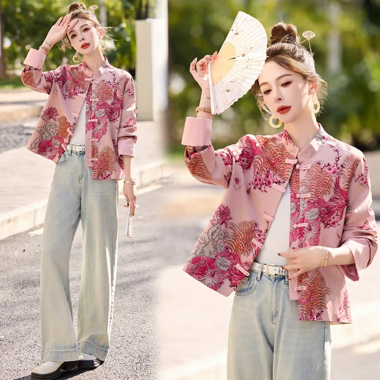 新中式国风外套女装2025春季高级感复古盘扣提花立领修身短款上衣