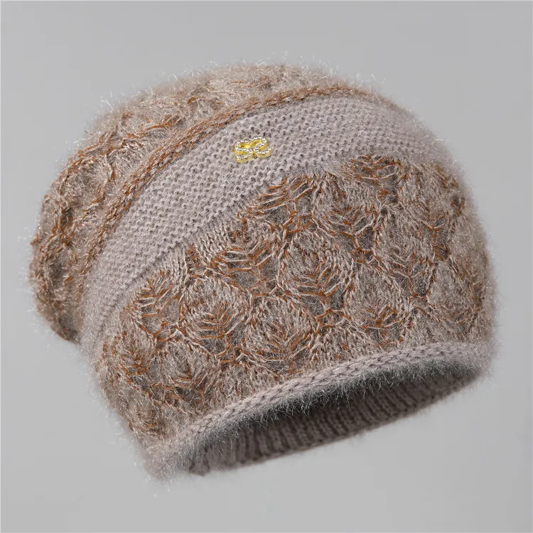 新款秋冬针织双层勾花加厚包头帽女士护耳百搭时尚堆堆帽针织帽子