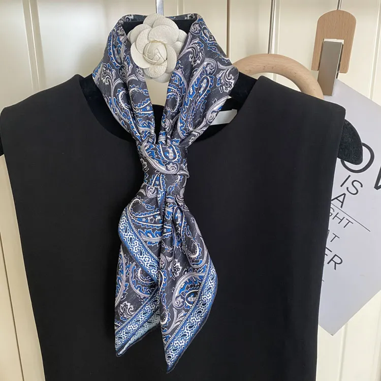 游丝江南中性风斜纹绸百搭真丝丝巾蓝色中方巾复古腰果100%桑蚕丝