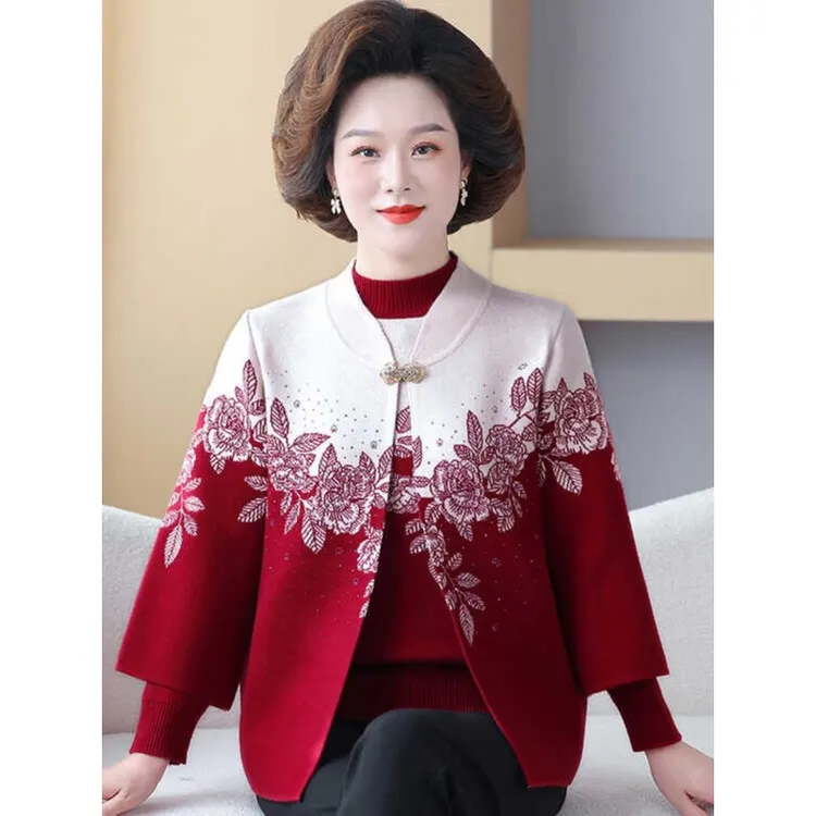 中老年妈妈秋装洋气外套结婚礼服两件套装高贵喜婆婆秋冬毛衣开衫