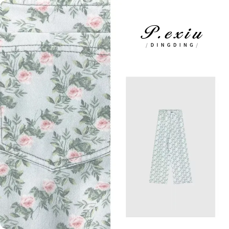 PanYiXiu/潘依绣【花园日记】100%棉花朵满印直筒牛仔裤 D6579