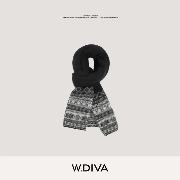 W.Diva【雪织】费尔岛经典复古百搭保暖雪花提花羊绒围巾54J093349