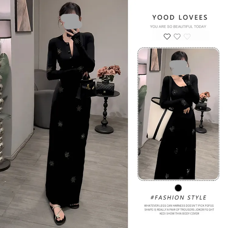 法式复古气质长袖连衣裙女春秋新款高级感收腰显瘦内搭打底长裙子