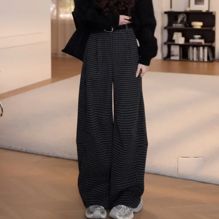 2025秋冬高腰黑格子休闲裤卫裤长裤设计感韩版女士潮流百搭