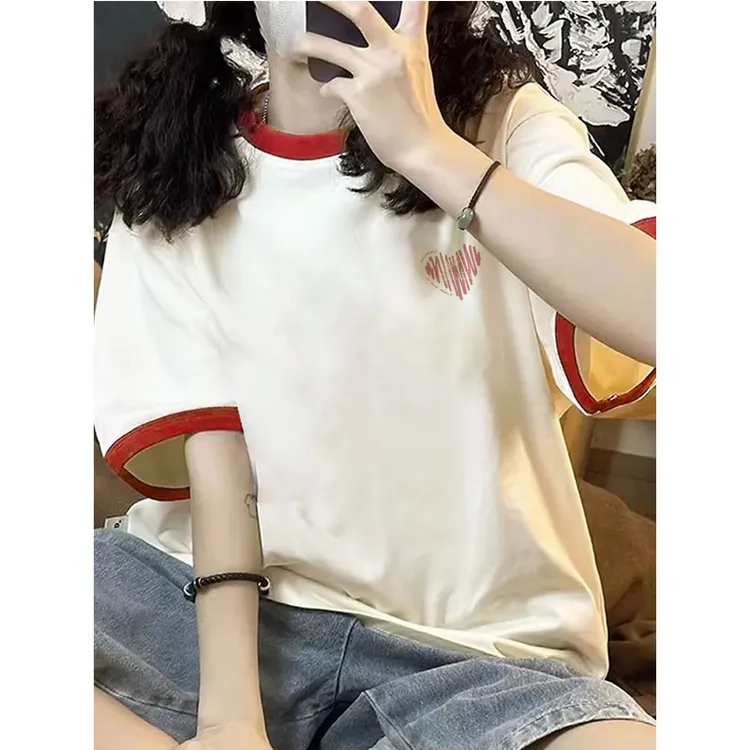 撞色纯棉短袖t恤女装2025早春新款爆款夏季韩系chic别致正肩上衣