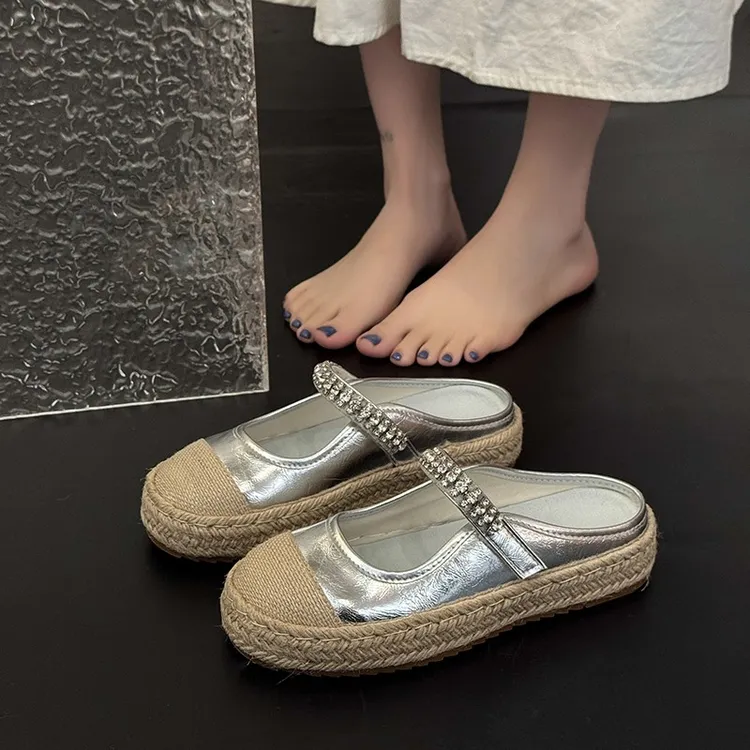 欧洲站2025夏季新款银色百搭水钻玛丽珍鞋厚底渔夫鞋包头半拖鞋女
