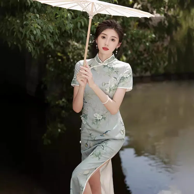 秋冬新款花罗旗袍连衣裙三分袖长款改良侧八扣双层旗袍中式