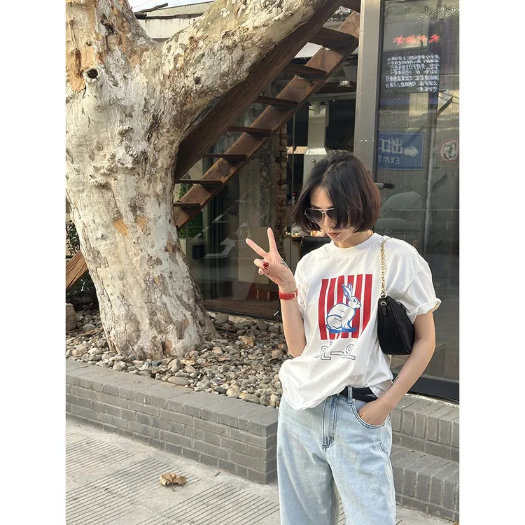 SHIIEELL夏季 短袖T恤夏季新款印花字母兔子休闲洋气短上衣Z8105