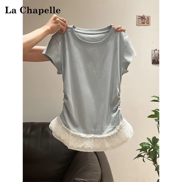 拉夏贝尔撞色圆领褶皱收腰拼接蕾丝花边下摆短袖T恤夏季辣妹上衣