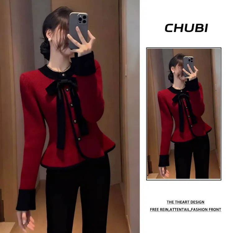 2025秋冬季气质名媛高级感独特超好看蝴蝶结领收腰开衫毛衣短上衣