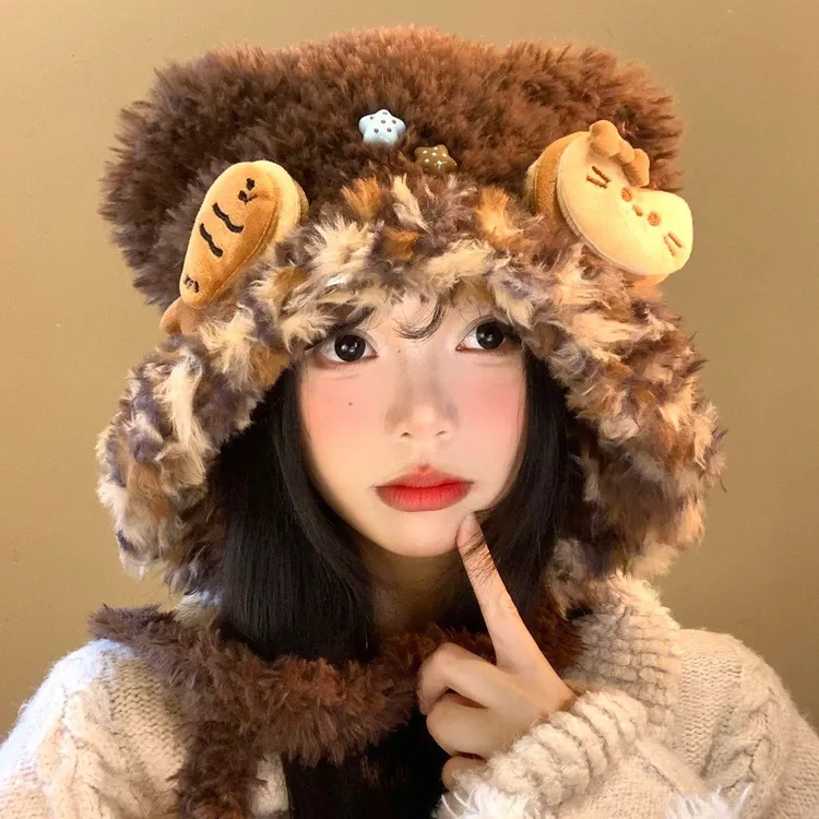 【精品】咖色小鱼猫咪毛绒护耳帽女秋冬显脸小针织毛线帽保暖防寒