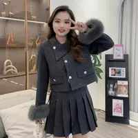 法式时尚套装黑色百搭小香风显瘦连衣裙呢子毛呢短款半身裙两件套