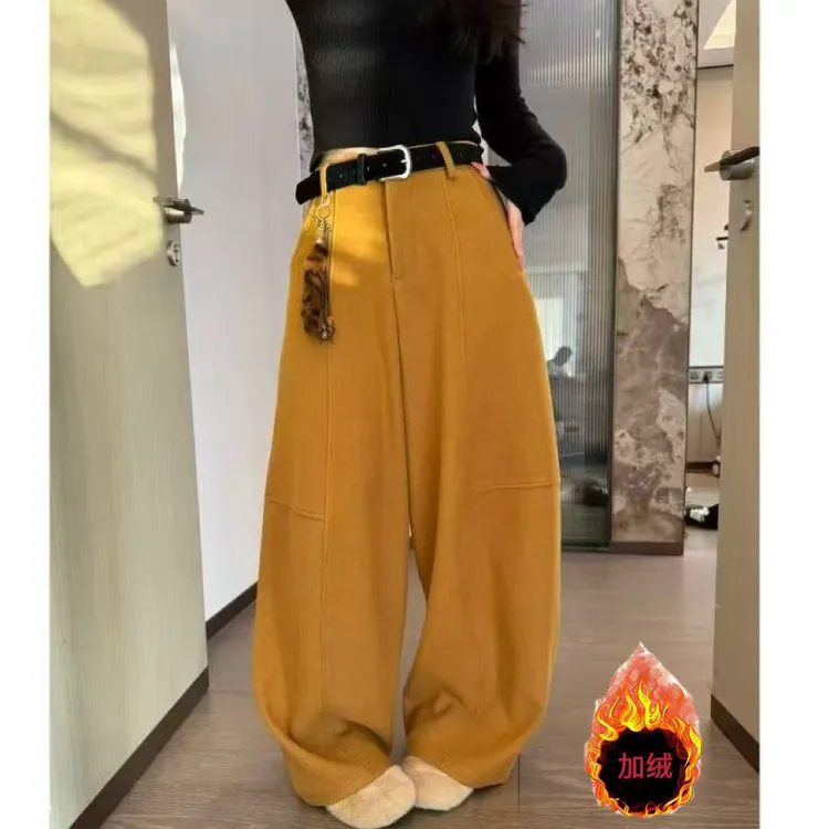 运补5时尚加绒弯刀毛呢裤冬季新款高腰显瘦加厚气球裤休闲长裤