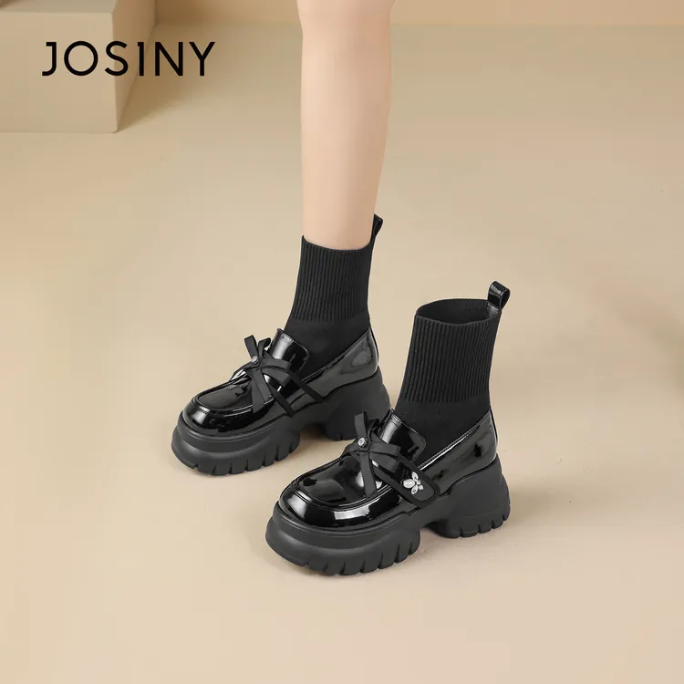 卓诗尼2025蝴蝶结休闲风袜靴黑色中筒女靴筒靴女鞋圆头显瘦休闲