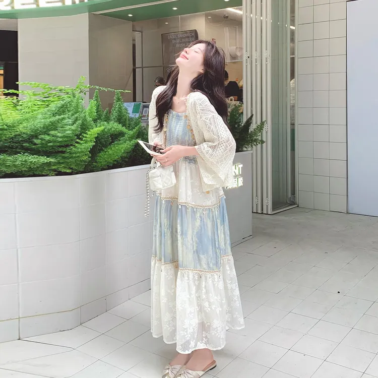 波西米亚风撞色提花拼接吊带连衣裙套装女2025夏季新款开衫两件套